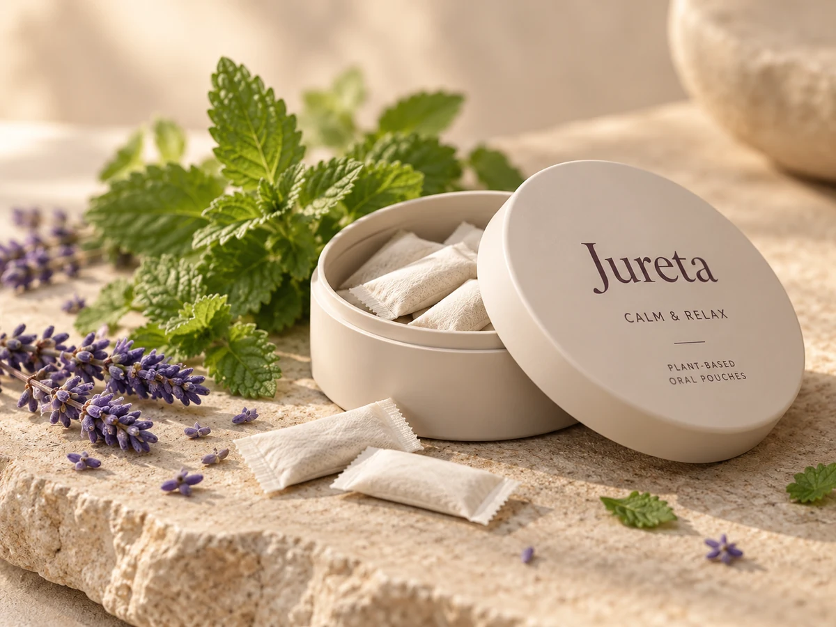 Jureta CALM & RELAX Dose mit kleinen weissen Pouches, Zitronenmelisse und Lavendel