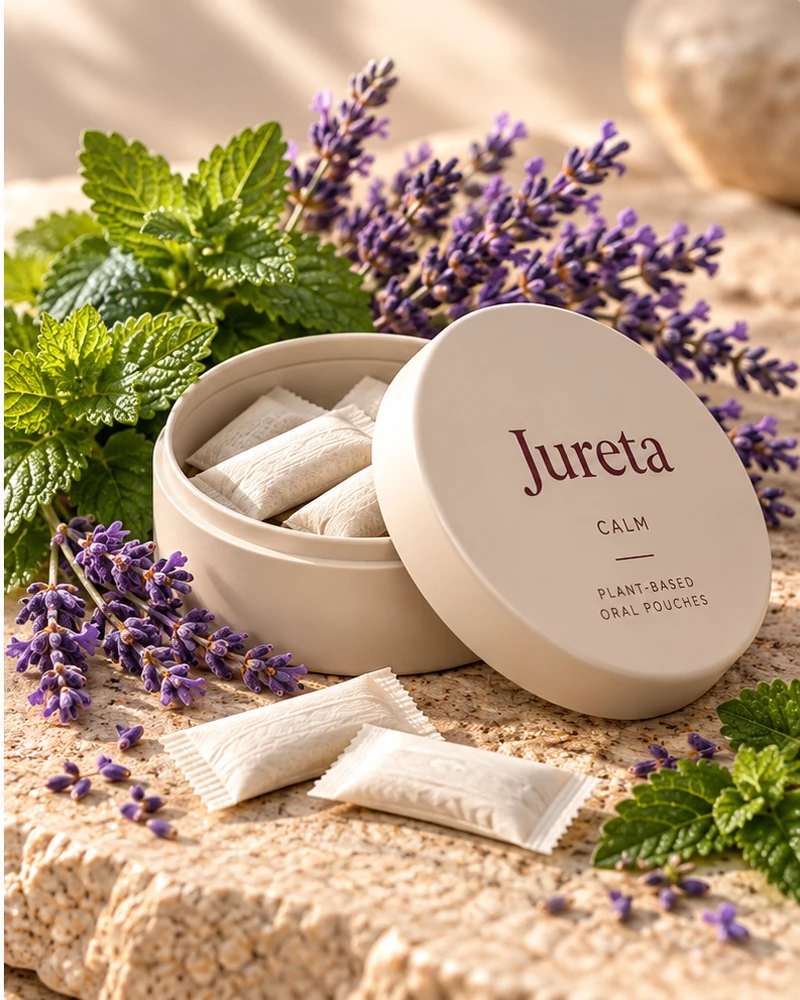 Jureta CALM & RELAX Produktvisual mit Pouches, Zitronenmelisse und Lavendel